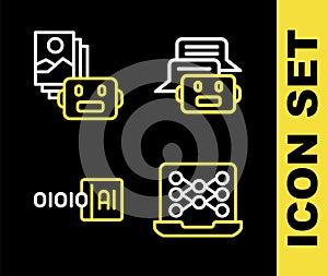 Set line Chat bot, Neural network, Binary code and Artificial intelligence robot icon. Vector