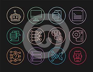 Set line Chat bot, Neural network, Cloud technology data transfer, Server, Data, Artificial intelligence robot, and