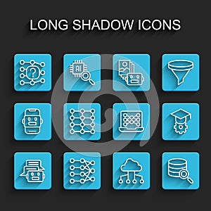 Set line Chat bot, Neural network, Network cloud connection, Server, Graduation cap and icon. Vector