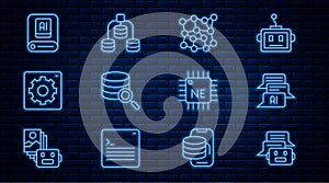 Set line Chat bot, Neural network, Server, Computer api interface, Artificial intelligence AI, Processor CPU and Data