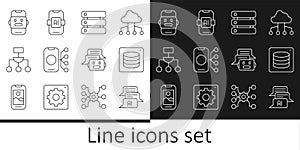 Set line Chat bot, Server, Data, Neural network, Algorithm, and Artificial intelligence AI icon. Vector