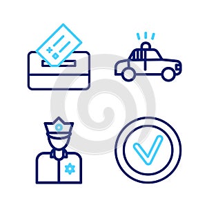 Set line Check mark in round, Police officer, car and flasher and Vote box icon. Vector