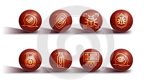 Set line Check mark in speech bubble, Safe combination lock, System bug, Server, Data, Web Hosting, USB flash drive