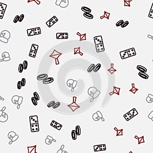 Set line Checker game chips, Domino, Bowling pin and ball and Whirligig toy on seamless pattern. Vector