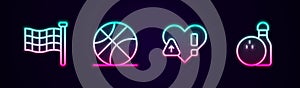 Set line Checkered flag, Basketball ball, Heart rate and Bowling pin and. Glowing neon icon. Vector