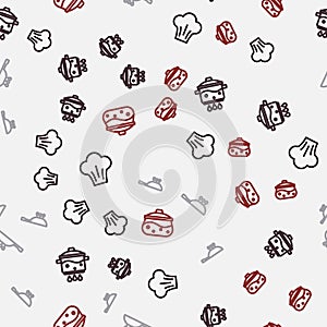 Set line Chef hat, Cooking pot on fire, Frying pan and on seamless pattern. Vector