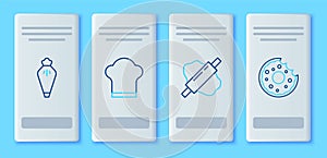 Set line Chef hat, Rolling pin on dough, Pastry bag and Donut icon. Vector