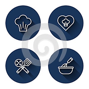 Set line Chef hat, Spatula and Cooking whisk with bowl with long shadow. Blue circle button. Vector