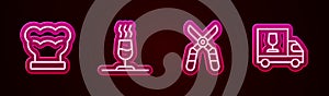 Set line Chef hat, Wine tasting, degustation, Gardening scissors and truck. Glowing neon icon. Vector