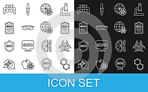 Set line Chemical formula, Biohazard symbol, Document bio healthy food, Genetically modified orange, Laboratory glasses