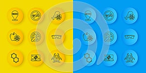 Set line Chemical formula, Genetically modified apple, Petri dish with bacteria, Biohazard symbol, Laboratory glasses