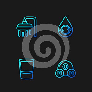 Set line Chemical formula for H2O, Glass with water, Shower head and Recycle clean aqua. Gradient color icons. Vector