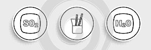 Set line Chemical formula H2O, Sulfur dioxide SO2 and Laboratory glassware icon. Vector