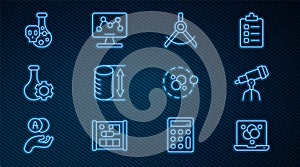 Set line Chemical formula, Telescope, Drawing compass, Height geometrical figure, Test tube, with toxic liquid, Atom and