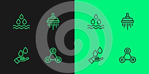 Set line Chemical formula water H2O, Washing hands with soap, Water drop and Shower icon. Vector