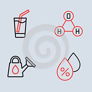 Set line Chemical formula water H2O, Watering can, drop percentage and Glass with icon. Vector