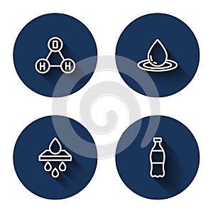 Set line Chemical formula water H2O, Water drop, filter cartridge and Bottle of with long shadow. Blue circle button