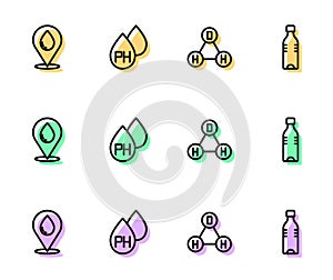 Set line Chemical formula water H2O, Water drop with location, and Bottle of icon. Vector