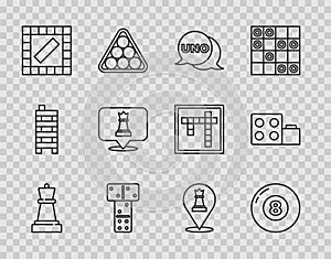 Set line Chess, Billiard pool snooker ball, Uno card game, Domino, Board, and Toy building block bricks icon. Vector