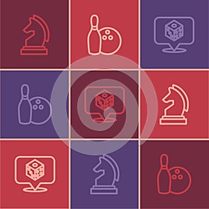 Set line Chess, Game dice and Bowling pin and ball icon. Vector