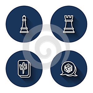 Set line Chess, Mahjong pieces and Game dice with long shadow. Blue circle button. Vector