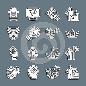 Set line Chess, Man holding flag, Folded paper boat, Target, Hand Earth globe, Medal, Stair with finish and icon. Vector