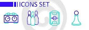 Set line Chess pawn, Table football, Bowling pin and Time chess clock icon. Vector