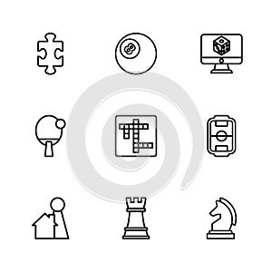 Set line Chess, Table football, Crossword, Game dice, Puzzle pieces toy, Billiard pool snooker and Racket icon. Vector