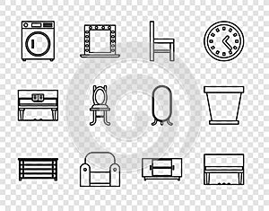 Set line Chest of drawers, Grand piano, Chair, Armchair, Washer, TV table stand and Flower pot icon. Vector