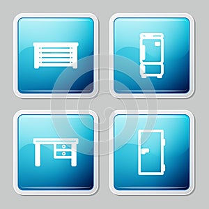 Set line Chest of drawers, Refrigerator, Office desk and Closed door icon. Vector