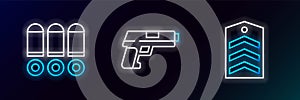 Set line Chevron, Bullet and Pistol or gun icon. Glowing neon. Vector