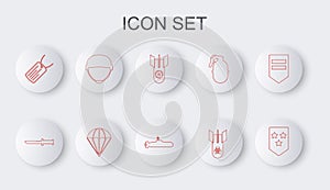 Set line Chevron, Military knife, Nuclear bomb, Biohazard, dog tag, helmet, Parachute and Submarine icon. Vector