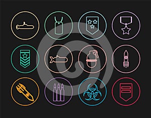 Set line Chevron, Nuclear rocket, Submarine, Hand grenade and Military dog tag icon. Vector