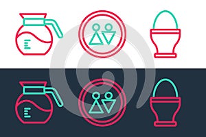 Set line Chicken egg on stand, Coffee pot and Toilet icon. Vector