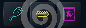 Set line Chicken leg, Hard bread chucks crackers and Nachos in plate. Black square button. Vector