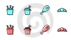 Set line Chicken leg, in package box, Asian noodles and chopsticks and Croissant icon. Vector