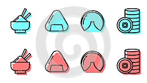 Set line Chinese fortune cookie, Rice in a bowl with chopstick, Sushi and Chinese Yuan currency icon. Vector