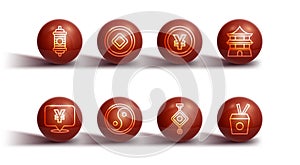 Set line Chinese paper lantern, Yuan currency, house, Yin Yang, Noodles box and chopsticks and icon. Vector