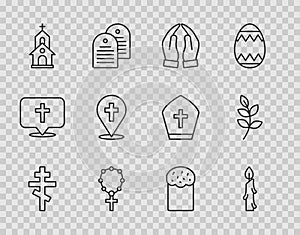 Set line Christian cross, Burning candle, Hands praying position, Rosary beads religion, Church building, Location