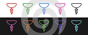 Set line Christian cross on chain icon isolated on black and white background. Church cross. Vector
