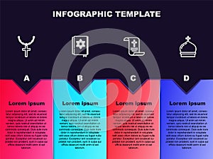 Set line Christian cross on chain, Jewish torah book, Decree, paper, parchment, scroll and Church tower. Business
