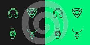 Set line Christian cross on chain, Wrist watch, Piercing and Diamond icon. Vector