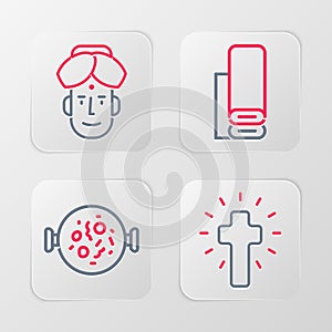 Set line Christian cross, Chicken tikka masala, Indian textile fabric and man icon. Vector