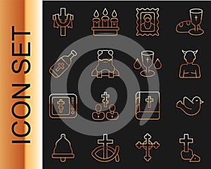 Set line Christian cross, Dove, Krampus, heck, icon, Priest, Holy water bottle, and chalice icon. Vector