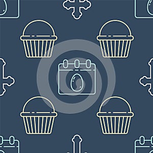 Set line Christian cross, Easter cake and Calendar with Easter egg on seamless pattern. Vector