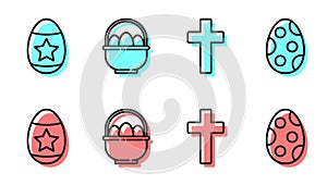 Set line Christian cross, Easter egg, Basket with easter eggs and Easter egg icon. Vector