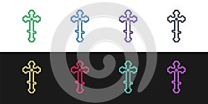 Set line Christian cross icon isolated on black and white background. Church cross. Vector