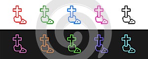 Set line Christian cross icon isolated on black and white background. Church cross. Vector