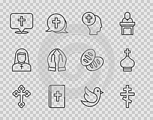 Set line Christian cross, Priest, Holy bible book, Location church building, Hands praying position, Dove and tower icon