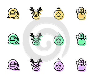 Set line Christmas ball, Santa Claus hat, Reindeer and snowman icon. Vector